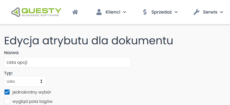 atrybut o typie lista jednokrotnego wyboru